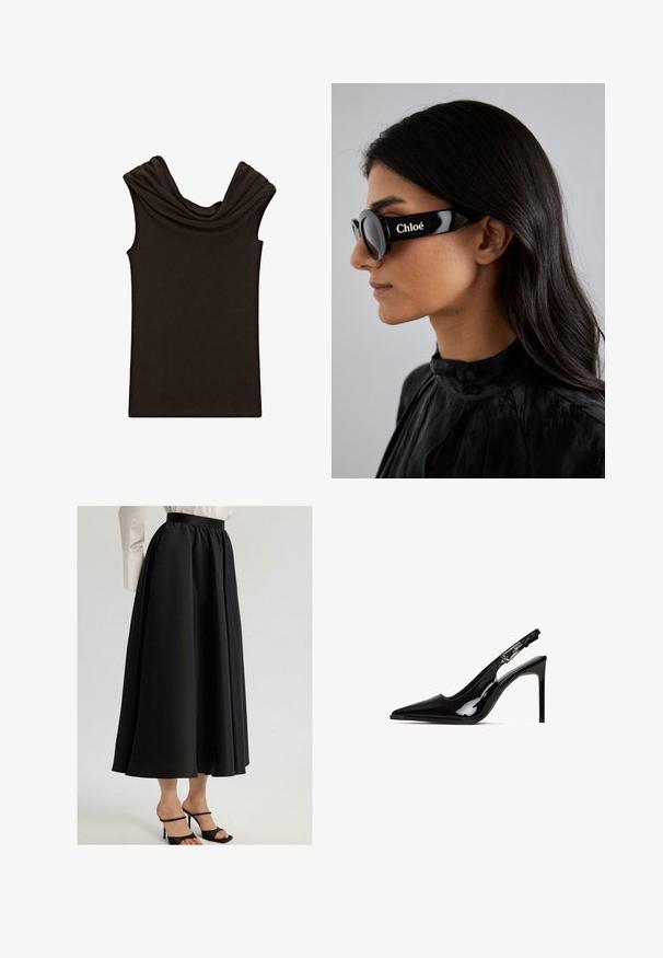 Ciemnobrązowy top bez rękawów z drapowaną szyją i gładką fakturą, zaprojektowany w dopasowanym kroju i minimalistycznym stylu.; Czarna długa spódnica z gładkiego materiału, z marszczonym pasem i swobodnym krojem, w połączeniu z czarnymi sandałami na cienkich obcasach.; Czarne lakierowane skórzane sandały na obcasie z wąskim noskiem i szpilką. Posiadają wycięcia w designie oraz regulowany pasek z metalowymi elementami.; Czarne okulary przeciwsłoneczne z okrągłymi soczewkami i odważnymi, kanciastymi oprawkami, na boku z białym napisem "Chloé". Gładkie, błyszczące wykończenie.; Jasnoszara strukturalna torebka wykonana z skóry o fakturze kamieni. Posiada zapięcie w złotym odcieniu, odpinany pasek na ramię oraz krótki uchwyt u góry.; Kwadratowy metalowy zegarek z bransoletą linkową w kolorze srebrno-złotym. Biały cyferblat z złotymi znacznikami i wskazówkami. Logo na godzinie 12.