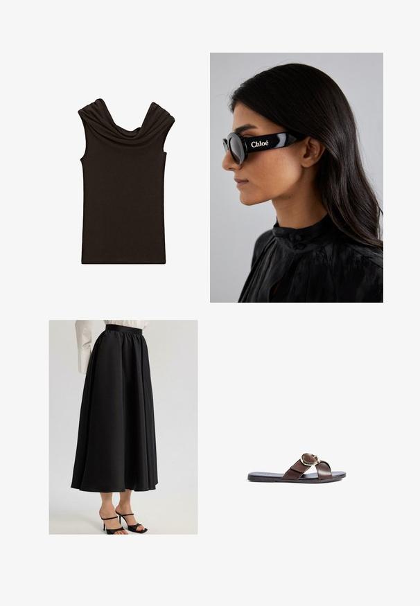 Donkerbruine mouwloze top met een gedrapeerde kraag en een gladde textuur, ontworpen met een fitted vorm en een minimalistische stijl.; Zwarte maxi-rok van gladde stof, met een geraffineerde tailleband en vloeiende uitstraling, gecombineerd met zwarte sandaaltjes met bandjes.; Bruine leren slide sandaal met gekruiste banden, voorzien van een ronde gouden gesp en een platte, zwarte rubberen zool.; Zwarte zonnebril met ronde glazen en gedurfde, hoekige monturen met het merk "Chloé" in het wit aan de zijkant. Glad, glanzend afwerking.; Gouden rechthoekige polshorloge met een witte wijzerplaat, zilverkleurige uurmarkeringen en een duurzame metalen schakelarmband. Inclusief waterdichte functie.