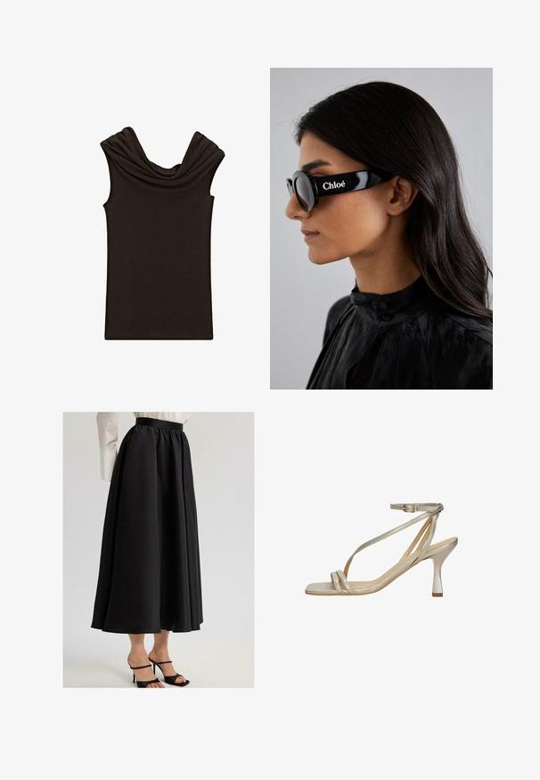 Ciemnobrązowy top bez rękawów z drapowaną szyją i gładką fakturą, zaprojektowany w dopasowanym kroju i minimalistycznym stylu.; Czarna długa spódnica z gładkiego materiału, z marszczonym pasem i swobodnym krojem, w połączeniu z czarnymi sandałami na cienkich obcasach.; Metaliczne złote sandały na obcasie z kwadratowym noskiem, cienkim paskiem wokół kostki i krzyżującymi się paskami na wierzchu. Gładka faktura z eleganckim designem.; Czarne okulary przeciwsłoneczne z okrągłymi soczewkami i odważnymi, kanciastymi oprawkami, na boku z białym napisem "Chloé". Gładkie, błyszczące wykończenie.; Złoty prostokątny zegarek na nadgarstek z białą tarczą, srebrnymi znacznikami godzin i wytrzymałym metalowym bransoletą. Wbudowana funkcja wodoodporna.