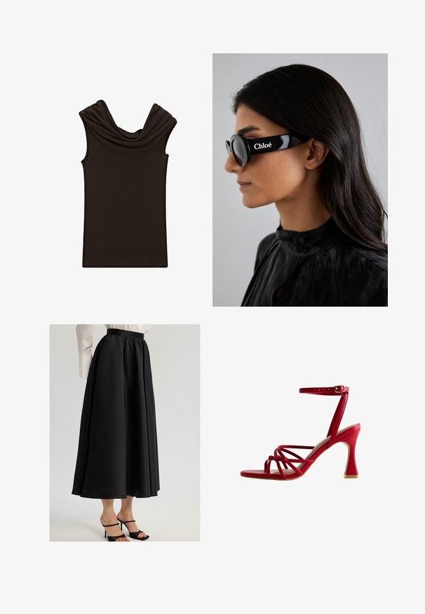 Donkerbruine mouwloze top met een gedrapeerde kraag en een gladde textuur, ontworpen met een fitted vorm en een minimalistische stijl.; Zwarte maxi-rok van gladde stof, met een geraffineerde tailleband en vloeiende uitstraling, gecombineerd met zwarte sandaaltjes met bandjes.; Rode sandaal met hoge hak en een strak ontwerp, met kruislingse banden, een enkelbandje met een gesp en een getextureerde hak.; Zwarte zonnebril met ronde glazen en gedurfde, hoekige monturen met het merk "Chloé" in het wit aan de zijkant. Glad, glanzend afwerking.; Gouden rechthoekige polshorloge met een witte wijzerplaat, zilverkleurige uurmarkeringen en een duurzame metalen schakelarmband. Inclusief waterdichte functie.