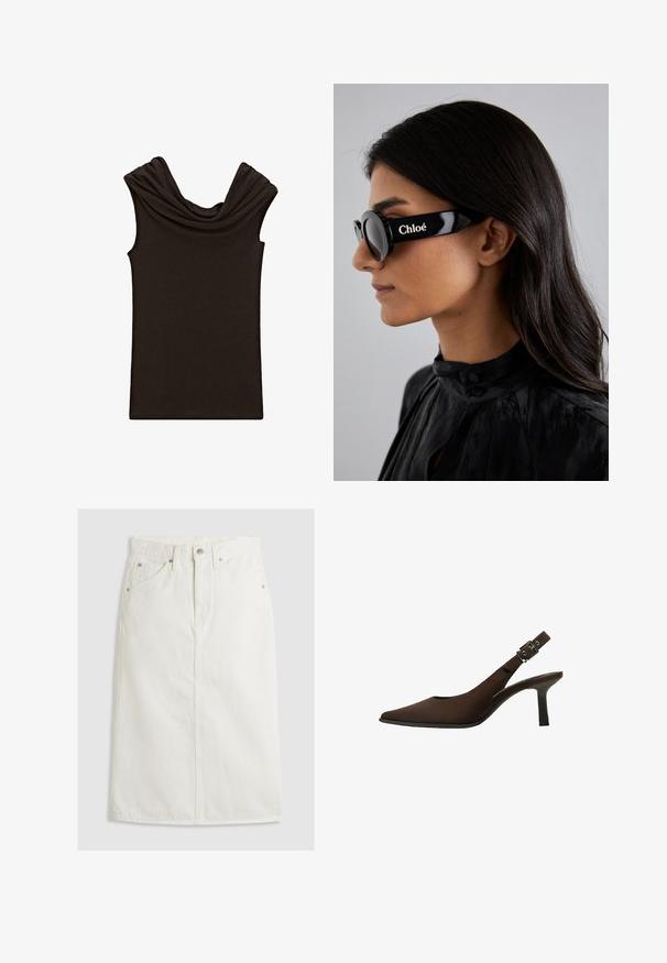 Top senza maniche di un marrone scuro, con scollo drappeggiato e texture liscia, progettato con una forma aderente e uno stile minimalista.; Gonna midi in denim bianco con vita alta, chiusura frontale a bottoni e due tasche laterali. Presenta una silhouette dritta e dettagli cuciti.; Décolleté in suede marrone con punta affusolata, design elegante, tacco sottile e dettaglio con fibbia sul cinturino alla caviglia.; Occhiali da sole neri con lenti rotonde e montatura bold e angolare, con il marchio "Chloé" in bianco sul lato. Finitura liscia e lucida.; Borsa a tracolla in pelle marrone con texture, dettagli in metallo dorato, manico superiore e tracolla rimovibile. Presenta una patta frontale e un dettaglio con logo.; Orologio da polso rettangolare dorato con quadrante bianco, indicatori delle ore in tono argento e un robusto bracciale in metallo. Include la funzione di resistenza all'acqua.