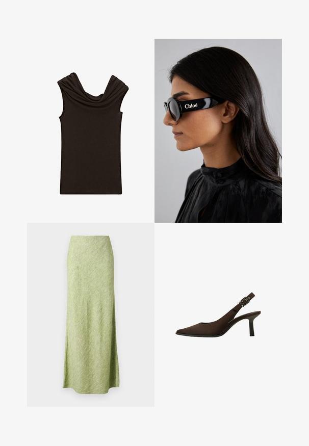 Donkerbruine mouwloze top met een gedrapeerde kraag en een gladde textuur, ontworpen met een fitted vorm en een minimalistische stijl.; Samsøe Samsøe SAAGNETA LONG SKIRT - Maxirok - peridot mel; Bruine suede slingback pump met een spitse neus, slank ontwerp, dunne hak en een gespaccent op de enkelband.; Zwarte zonnebril met ronde glazen en gedurfde, hoekige monturen met het merk "Chloé" in het wit aan de zijkant. Glad, glanzend afwerking.; Gouden rechthoekige polshorloge met een witte wijzerplaat, zilverkleurige uurmarkeringen en een duurzame metalen schakelarmband. Inclusief waterdichte functie.