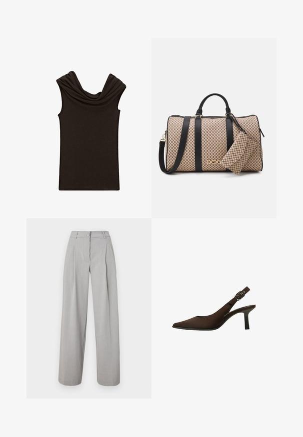 Donkerbruine mouwloze top met een gedrapeerde kraag en een gladde textuur, ontworpen met een fitted vorm en een minimalistische stijl.; Lichtgrijze, wijde pantalons met plooien, een knoopsluiting in de taille en een gladde stofstructuur. Rechte pijpen die iets taps toelopen bij de zoom.; Bruine suede slingback pump met een spitse neus, slank ontwerp, dunne hak en een gespaccent op de enkelband.; Dufflebag met een beige patroon aan de buitenkant, zwarte leren banden, gouden hardware en een kleine bijpassende pouch die eraan vastzit. Gestructureerd ontwerp.; Gouden rechthoekige polshorloge met een witte wijzerplaat, zilverkleurige uurmarkeringen en een duurzame metalen schakelarmband. Inclusief waterdichte functie.
