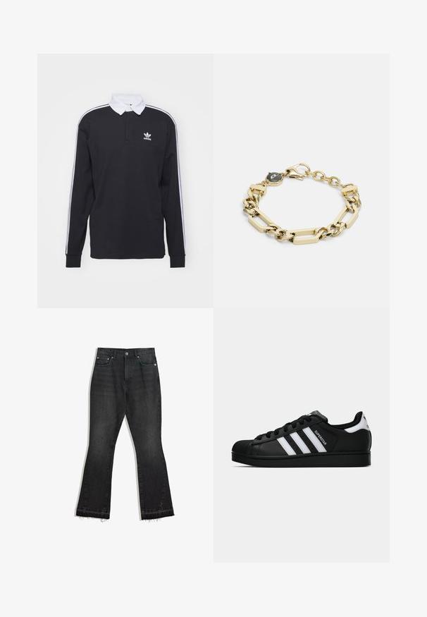 Svart långärmad pikétröja med vit krage och tre vita ränder längs ärmarna; har en broderad Adidas-logotyp på bröstet.; Svarta denimflared jeans med franskant, femficksdesign och knäppning. Slät textur, medelvikts tyg.; Svart Adidas Superstar sneaker med vita ränder, sula i skalform och "Superstar" text på sidan, visad i sidoprofil mot vit bakgrund.; Guldkedjearmband med geometriska länkar, som växlar mellan rektangulära och cirkulära former, med en kräftklämma och en cirkulär charm.