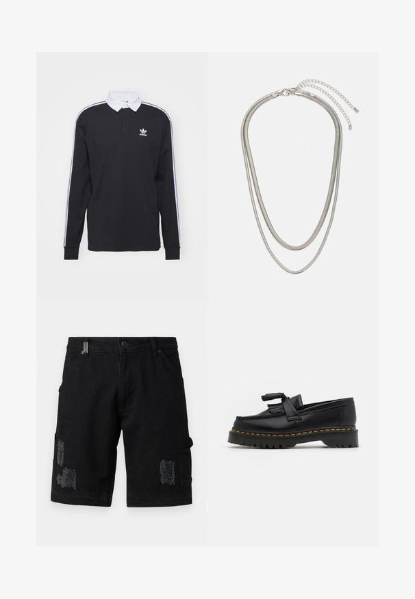 Black long-sleeve polo shirt with white collar and three white stripes along the sleeves; features an embroidered Adidas logo on the chest.; Black denim cargo shorts with a relaxed fit, featuring distressed patches, front pockets, and side cargo pockets for added utility.; Black leather loafer with a tasseled accent, featuring a chunky black sole and yellow stitching along the edge. Textured finish.; Three-layered silver metal necklace featuring sleek, flexible chains with a slight sheen, secured with a lobster clasp and adjustable chain.