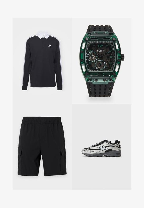Juoda polo marškinėliai ilgomis rankovėmis su balta apykakle ir trimis baltomis juostelėmis ant rankovių; krūtinėje yra siuvinėtas Adidas logotipas.; Juodos krovinių šortai su elastingu liemeniu, turintys dvi šonines kišenes ir lygų, lengvą audinį. Paprastas dizainas, be raštų ar akcentų.; Sidabrinės ir juodos sportinės bateliai su tinkliniu viršumi, paminkštintu padu, raištelių užsegimu ir šoniniu logotipu.; Guess laikrodis su stačiakampiu žaliu plastiko korpusu, juodu tekstūruotu guminiu dirželiu ir keliais ciferblatais su ryškiais skaičiais bei akcentais.