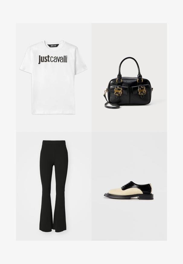 T-shirt en coton blanc avec le texte "Just Cavalli" en noir et finition texturée. Col rond classique et manches courtes.; Pantalons noirs évasés en tissu extensible, avec une taille haute et une surface lisse et sans embellissement. Design simple et ajusté.; Chaussure à lacets bicolore avec un avant en cuir beige crémeux et un arrière en cuir noir brillant, dotée d'une épaisse semelle texturée noire.; Sac à main en cuir texturé noir avec deux poignées supérieures, deux poches avant et des accents en métal doré. Il dispose d'une bandoulière amovible.