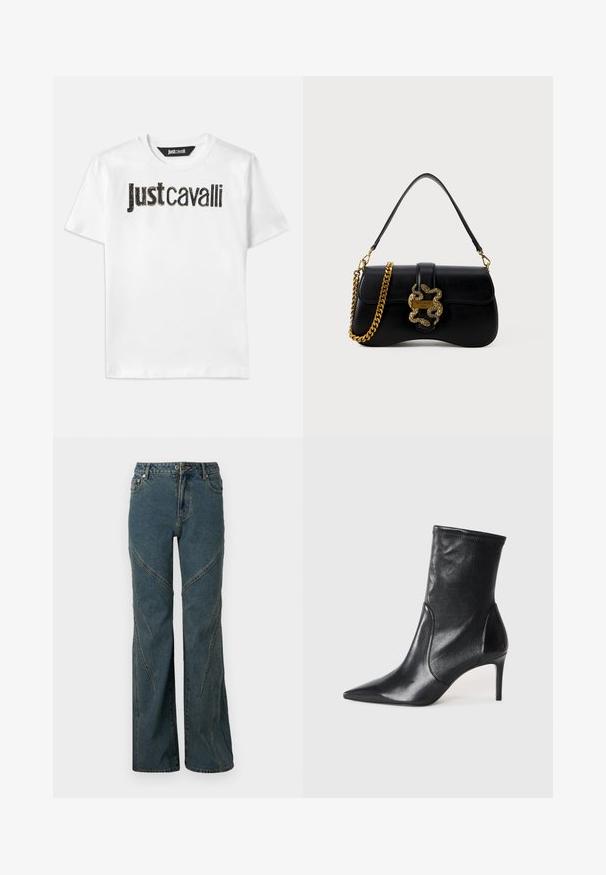 Bijela pamučna majica s natpisom "Just Cavalli" u crnoj boji s teksturiranim završetkom. Klasičan okrugli izrez i kratki rukavi.; Plave traperice s širokim nogavicama, s zakrivljenim šavovima i klasičnim stilom s pet džepova. Nezavršeni rub na dnu.; Crne gležnjače od glatke kože, s uskim vrhom, prilagođenom cijevi i tankim visokim potpeticama. Minimalistički dizajn bez vidljivih metalnih dijelova.; Crna kožna torba za ruke s zakrivljenim oblikom, zlatni akcent zmije i lančani remen. Ima preklopno zatvaranje s metalnom oznakom.