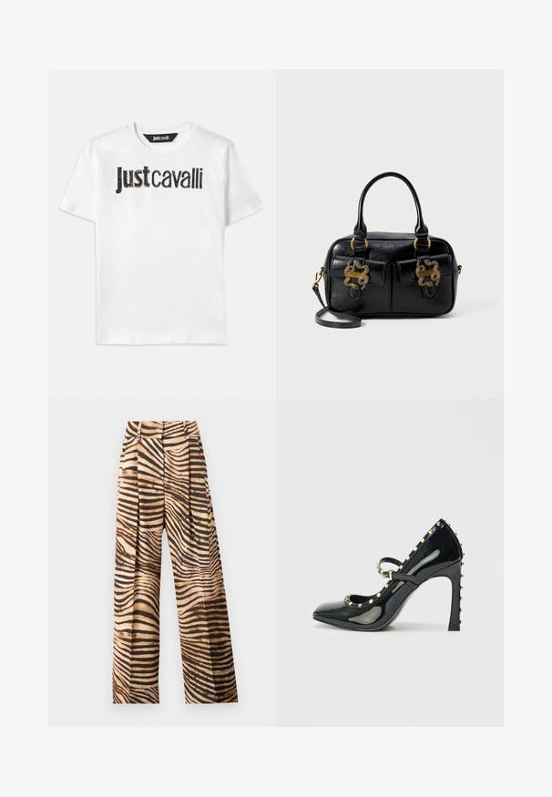 White cotton t-shirt featuring "Just cavalli" text in black with a textured finish. Classic crew neck and short sleeves.; Wide-leg pants in a beige and brown zebra stripe pattern, featuring pleats, a high waist, and a smooth, shiny texture.; Black patent leather high-heeled shoe with a pointed toe, ankle strap, and gold studded accents along the edges.; Black textured leather handbag with dual top handles, two front pockets, and gold hardware accents. Features a detachable shoulder strap.