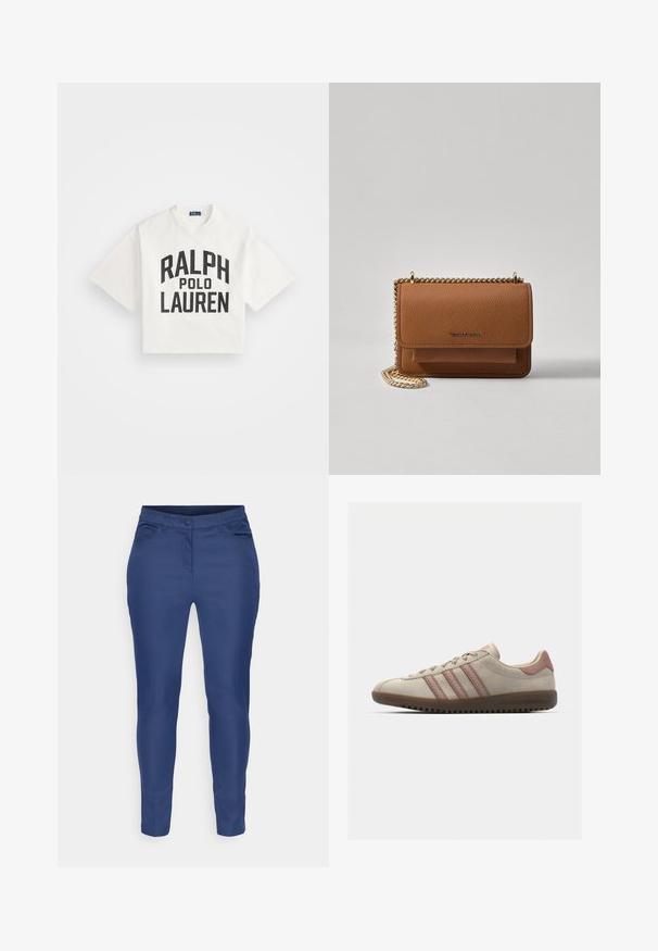 Izrezana bela bombažna majica z odebeljenim črnim napisom 'RALPH' nad 'POLO LAUREN'. Kratki rokavi, okrogla izreza, preprost dizajn.; Temno modre hlače ozkega kroja iz gladkega blaga, z zapiranjem na gumb, dvema sprednjima žepoma in čistim zaključkom na spodnjem robu.; Bež športni copat iz nubuka z roza akcenti, ki vključuje tri prekrivajoče se stripe, teksturiran zaščitni del na prstih in gumijast podplat z utorom.; Rjava teksturirana usnjena torba čez ramo z zlatim verižnim trakom in zapiranjem na pokrov. Spredaj je vidna podrobnost logotipa in žep pod pokrovom.