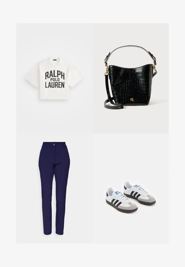 Κοντομάνικο λευκό βαμβακερό μπλουζάκι με έντονο μαύρο κείμενο "RALPH" πάνω από "POLO LAUREN". Στρογγυλή λαιμόκοψη, απλός σχεδιασμός.; Calvin Klein Golf WINTER GENIUS TROUSER - Παντελόνι - navy; Αθλητικά παπούτσια με άσπρη δερμάτινη πάνω επιφάνεια, γκρι σουέτ μύτη και τρεις μαύρες ρίγες. Διαθέτουν μπλε λογότυπο στη γλώσσα και υφασμένο καουτσούκ σόλα.; Μαύρη τσάντα από δέρμα με ανάγλυφο σχέδιο κροκοδείλου, με καμπυλωτό σχήμα, χρυσές μεταλλικές λεπτομέρειες, ρυθμιζόμενη θήκη και λεπτομέρεια λογότυπου στο μπροστινό μέρος.