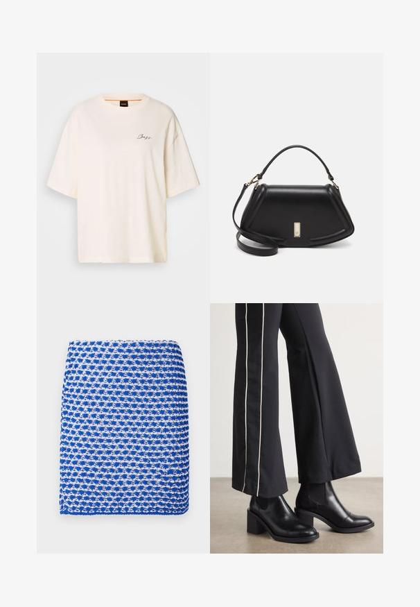 T-shirt oversized blanc en tissu doux, avec un col rond et des manches courtes, orné d'un petit logo noir "Boss" sur le devant.; Écharpe tricotée bleu et blanc à motif, avec un tissage texturé et une forme rectangulaire, composée d'un tissu léger.; Bottines en cuir Noir avec un talon bloc, dotées de panneaux élastiques sur les côtés. Associées à un pantalon noir avec une rayure blanche sur le côté.; Sac à main en cuir noir avec un design structuré, featuring une forme cropped, une poignée supérieure et des accents en matériel doré. Bandoulière réglable incluse.