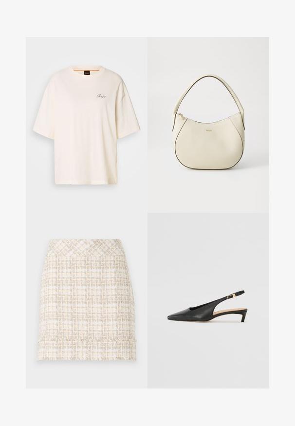 Biely oversize tričko vyrobené z mäkkej tkaniny, s okrúhlym výstrihom a krátkymi rukávmi, na prednej strane s malým čiernym logom "Boss".; Tkaná tweedová sukňa v krémovej a béžovej farbe s textúrovaným povrchom, s rovnými strihom a rozstrapkaným lemom pre väčší detail.; Čierne kožené sandále na podpätku s špicatou špičkou, nízkym podpätkom a nastaviteľným členkovým remienkom s pozlátenou prackou. Hladký povrch.; Krémová kabelka s textúrovaným povrchom, zakriveným tvarom, krátkym uchom a detailom loga v zlatom tóne. Zapínanie na zips na vrchu.