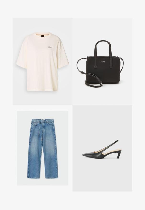 Hvid oversized T-shirt lavet af blødt stof, med rund hals og korte ærmer, prydet med et lille sort "Boss" logo på forsiden.; Lyst blå denim wide-leg jeans med høj talje, snøre, fem-lomme design og rå kantdetalje.; Sorte spidse slingback-sko med en lav hæl, lavet af glat læder og med udskæringer på siden for åndbarhed.; Sort håndtaske med to korte håndtag og en aftagelig skulderrem. Glat læderagtigt materiale med lynlåslukning og logo detaljer.