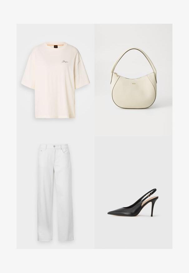 Bijela oversized majica od mekog materijala, s okruglim izrezom i kratkim rukavima, s malim crnim "Boss" logom na prednjoj strani.; Bijele traperice s labavim fitom, s kopčanjem na gumb i patentni zatvarač, petljama za remen i tradicionalnim dizajnom s pet džepova.; Crna kožna cipelica s visokom petom i otvorenom petom, s oštrim vrhom, glatkom teksturom i delikatnom trakicom s metalnom kopčom.; Torbica boje krema s teksturiranim završetkom, zakrivljenog oblika, kratkom ručkom i logotipom u zlatnoj boji. Zatvarač na vrhu.