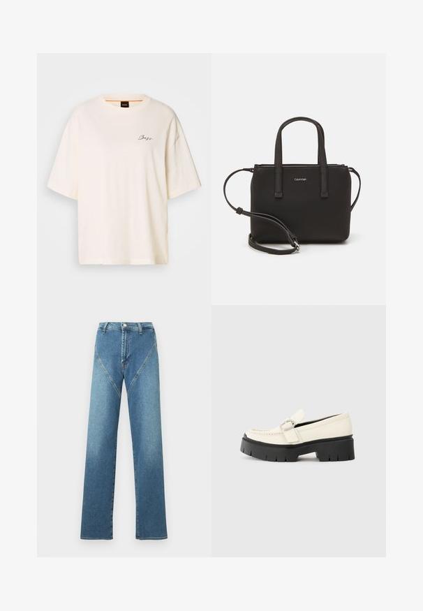 Balta per didelį T-marškinį, pagamintą iš minkštos medžiagos, su apvaliu kaklu ir trumpomis rankovėmis, priekyje yra mažas juodas "Boss" logotipas.; Šviesiai mėlynos tiesios kojinės džinsai su aukštu liemeniu, kontrastingomis išlenktomis siūlėmis ir penkiomis kišenėmis. Pagaminti iš džinsinio audinio.; Baltas odinis loaferis su storu juodu platforminiu padu, turintis stačiakampį sidabrinį sagtį ir matomu siuvimo ornamentu ant viršaus.; Juoda rankinė su dviem trumpais rankenėlėmis ir nuimamu petį. Lygaus odos tipo medžiaga su užtrauktuku ir logotipo detale.