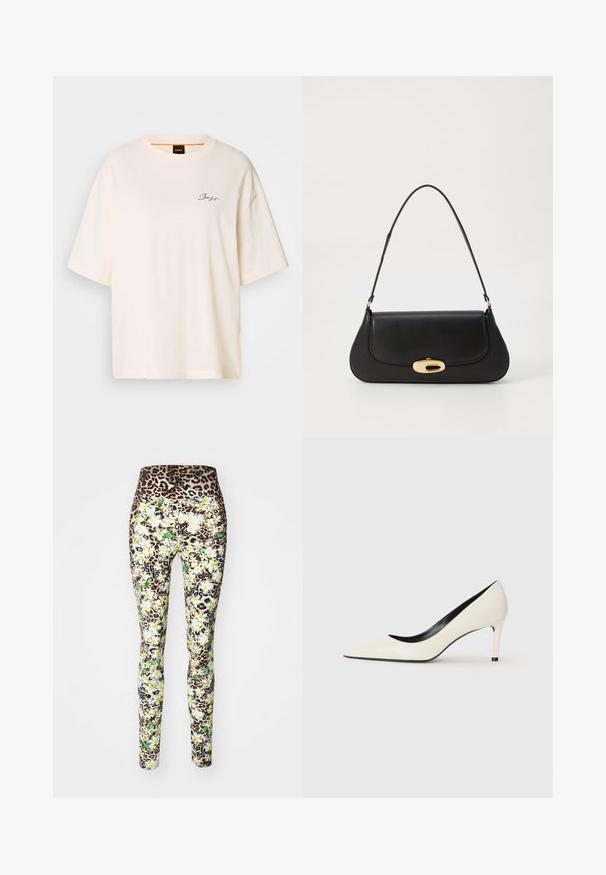 Fehér, bő szabású póló puha anyagból, kerek nyakkal és rövid ujjakkal, az elején egy kis fekete "Boss" logóval.; Leopárdmintás derékpánttal rendelkező leggings, sárga és zöld virágmintával, formás fazonban, fekete grafikával az alsó lábszárakon.; Fehér lakkbőr, hegyes orrú, magas sarkú cipő, vékony sarokkal és fekete belső díszítéssel. Simább textúra és elegáns kivitel.; Fekete bőr táska ívelt kialakítással, arany színű fémrészletekkel és felső fogantyúval. Csúszásmentes záródás és sima textúra jellemzi.