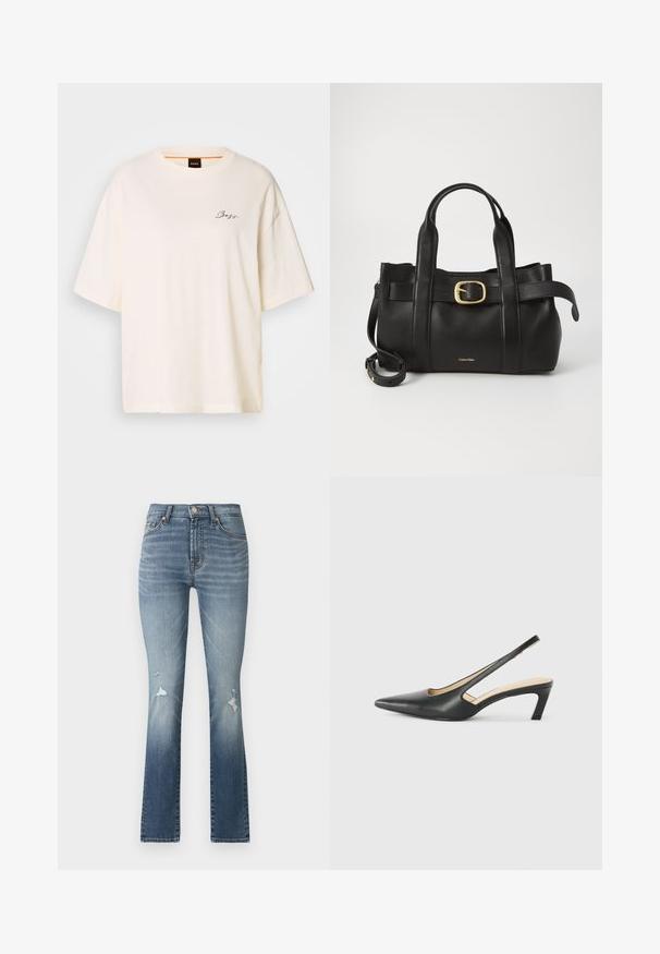 Fehér, bő szabású póló puha anyagból, kerek nyakkal és rövid ujjakkal, az elején egy kis fekete "Boss" logóval.; Világoskék farmer flare nadrág magas derékkal, két elülső zsebbel és kopott hatással a combokon.; Fekete, hegyes orrú, slingback cipő alacsony sarkával, sima bőrből készült, oldalt kivágott deisgnal a légáteresztőképesség érdekében.; Fekete bőr kézitáska, amely strukturált kialakítással rendelkezik, dupla felső fogantyúval, arany tónusú csattal és a márka dombornyomott logójával az elején.