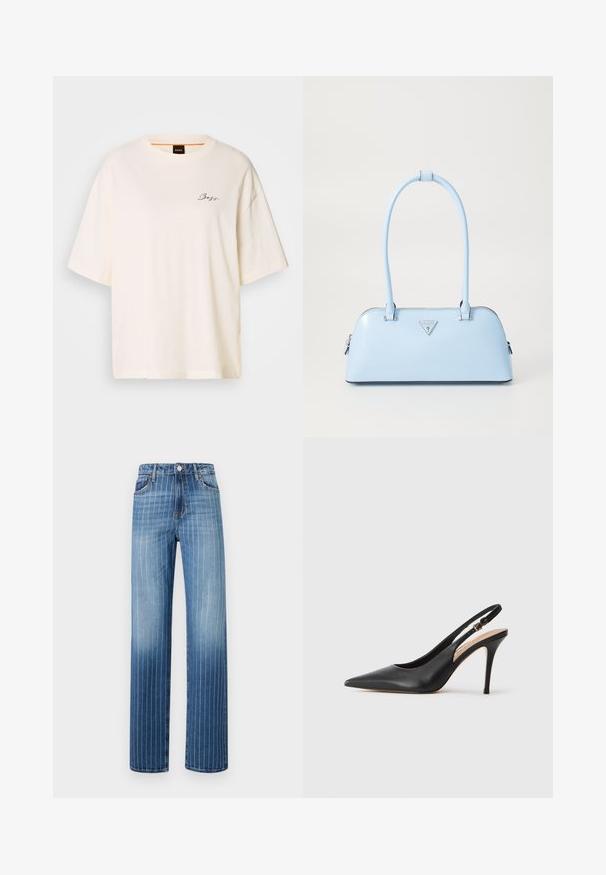 Fehér, bő szabású póló puha anyagból, kerek nyakkal és rövid ujjakkal, az elején egy kis fekete "Boss" logóval.; Világoskék farmernadrág, fehér függőleges csíkokkal, egyenes lábú kialakítással, öt zsebbel és gombos záródással a derékrészen.; Fekete bőr, slingback stílusú, magassarkú cipő, hegyes orral, sima felülettel, és egy finom pánttal, amelyen fémből készült csat található.; Világoskék kézitáska, amelynek strukturált formája van, sima bőrből készült, két füllel rendelkezik, és az elején egy háromszögletű márkatrófea található. Cipzáras záródás.