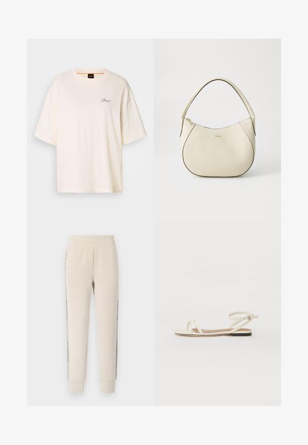 Hvid oversized T-shirt lavet af blødt stof, med rund hals og korte ærmer, prydet med et lille sort "Boss" logo på forsiden.; Beige sweatpants med en blød tekstur, elastisk talje og sidelæg med et mønstrede accent. Taperede ben og manchetter ved bunden.; Flade sandaler i creme læder med tynde krydsende stropper, ankelrem med spænde, minimalistisk design og en kontrastfyldt sort sål.; Cremefarvet håndtaske med tekstureret finish, buet form, kort håndtag og guldfarvet logo-detalje. Lynlås lukning øverst.