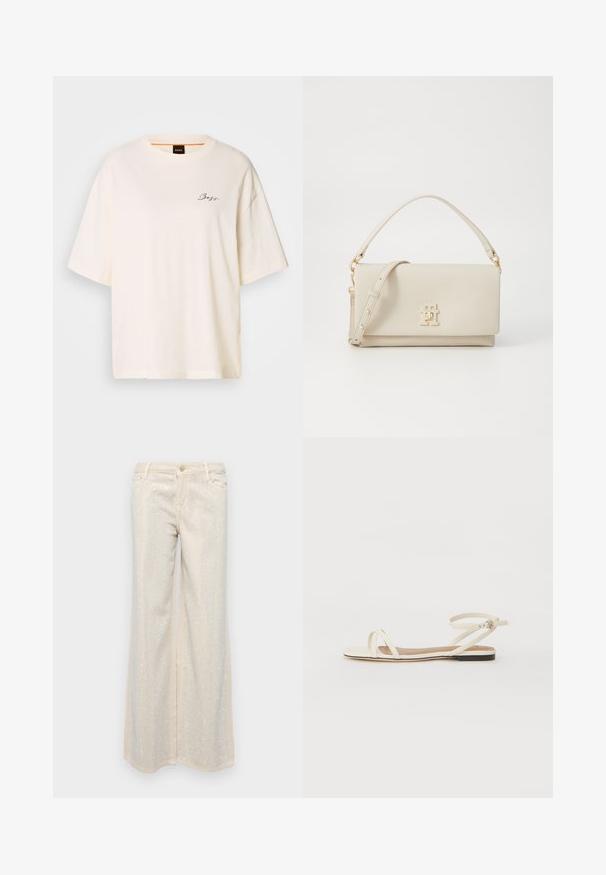 Bela oversize majica s kratkimi rokavi, izdelana iz mehkega materiala, z okroglim izrezom in majhnim črnim logotipom "Boss" na sprednji strani.; Bež hlače širokega kroja z gladko teksturo, okrašene z metalnimi srebrnimi bleščicami, razporejenimi v vzorcu spredaj in zadaj.; Flat sandale v kremnem usnju z tankimi križnimi trakovi, trakovi okoli gležnja z zaponko, minimalističen dizajn in kontrastno črno podplat.; Bežna usnjena torba z izrazito obliko, z zlatimi dodatki in logotipom na sprednji strani. Ima zgornji ročaj in odstranljiv ramenski pas.