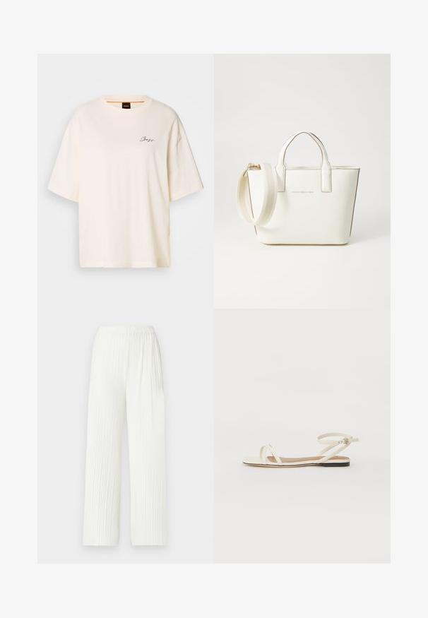 T-shirt bianca oversize realizzata in tessuto morbido, con collo rotondo e maniche corte, con un piccolo logo nero "Boss" sul davanti.; Pantaloni ampi bianchi con pieghe e vita elastica. Realizzati in tessuto leggero, presentano righe verticali e una vestibilità fluida.; Sandali piatti in pelle crema con sottili cinturini incrociati, cinturino alla caviglia con fibbia, design minimalista e suola nera a contrasto.; Borsa in ecopelle bianca con manici corti, tracolla regolabile e dettagli in metallo dorato; presenta un logo discreto sul davanti.