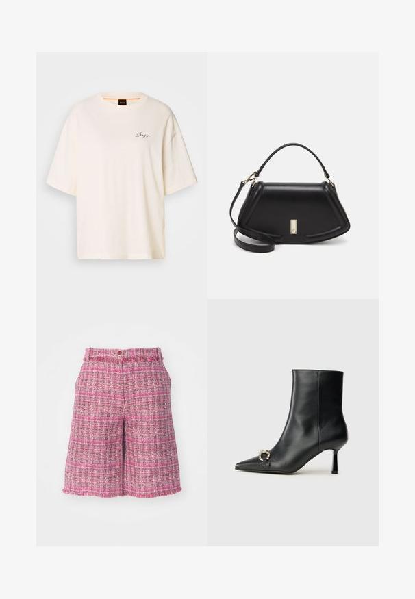 Hvid oversized T-shirt lavet af blødt stof, med rund hals og korte ærmer, prydet med et lille sort "Boss" logo på forsiden.; Lyserøde tweed-shorts med et tekstureret mønster og frynsede kanter. Har en talje med knaplukning. Letvægtsstof, længde til midt på låret.; Sort læder ankelstøvle med spidse tæer, slank hæl i mellemhøjde og sølvspænde detaljer på siden mod en ensfarvet baggrund.; Sort læderhåndtaske med en struktureret design, der har en kortet form, tophåndtag og guld hardware-accenter. Justerbar skulderrem inkluderet.