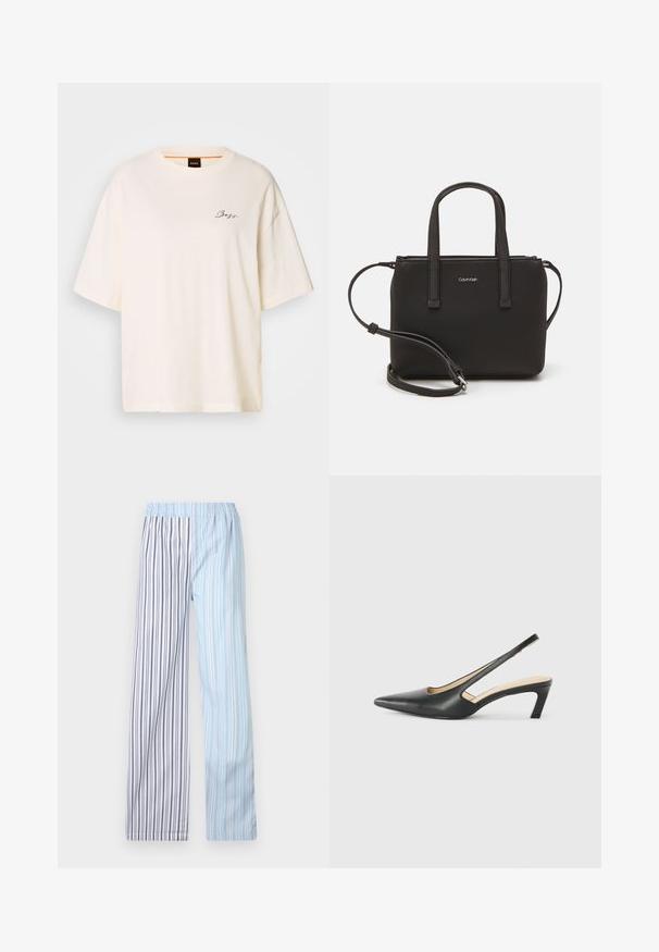 White oversized T-shirt made of soft fabric, featuring a round neck and short sleeves, with a small black "Boss" logo on the front.; Lightweight, striped pants with an elastic waistband; features alternating light blue and white stripes with thin gray accents.; Black pointy-toed slingback shoe with a low heel, featuring smooth leather material and cut-out design on the side for breathability.; Black handbag with dual short handles and a removable shoulder strap. Smooth leather-like material with a zip closure and logo detail.