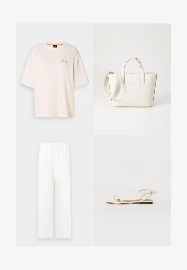 Bela oversize majica s kratkimi rokavi, izdelana iz mehkega materiala, z okroglim izrezom in majhnim črnim logotipom "Boss" na sprednji strani.; Bele široke hlače iz lahkega materiala z elastičnim pasom in vezanjem. Gladka tekstura, brez vidnih vzorcev ali kovinskih delov.; Flat sandale v kremnem usnju z tankimi križnimi trakovi, trakovi okoli gležnja z zaponko, minimalističen dizajn in kontrastno črno podplat.; Bela sintetična usnjena torbica z kratkimi ročaji, nastavljivim ramenskim trakom in zlatim kovinskim okovjem; na sprednji strani je subtilen logotip.