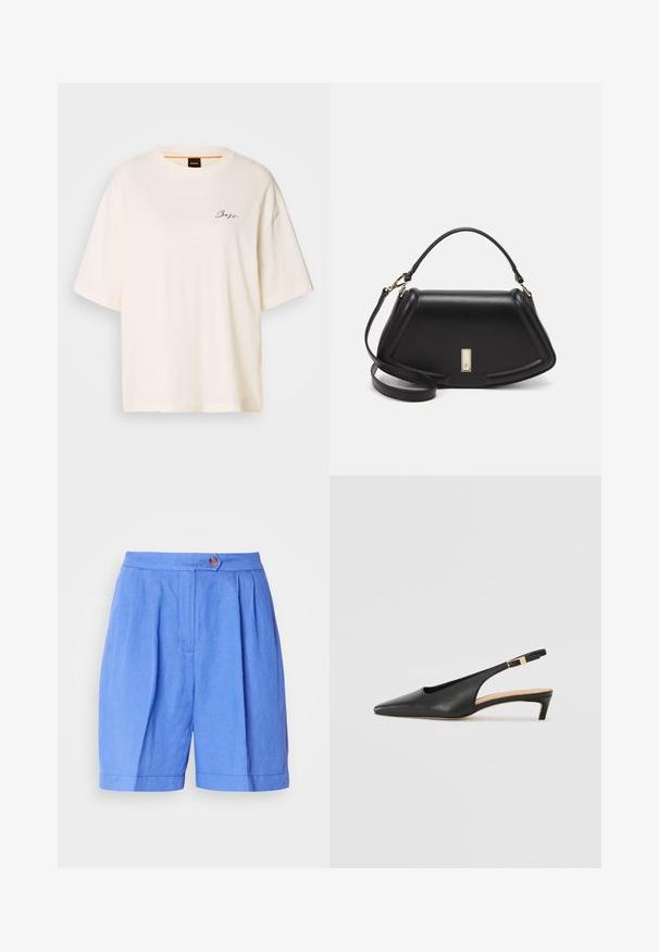 T-shirt bianca oversize realizzata in tessuto morbido, con collo rotondo e maniche corte, con un piccolo logo nero "Boss" sul davanti.; Pantaloni corto in lino blu con pence, chiusura a bottoni e taglio dritto. Presentano una texture liscia e un orlo che cade sopra il ginocchio.; Sandal in pelle nera con tacco a punta, tacco basso e cinturino alla caviglia regolabile con fibbia in tono oro. Texture liscia.; Borsa a mano in pelle nera con un design strutturato, caratterizzata da una forma corta, manico superiore e accessori in metallo dorato. Inclusa tracolla regolabile.