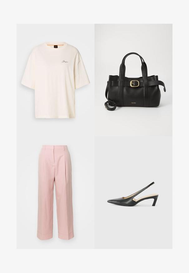 Fehér, bő szabású póló puha anyagból, kerek nyakkal és rövid ujjakkal, az elején egy kis fekete "Boss" logóval.; Halvány rózsaszín, széles lábú nadrág magas derékkal, elülső redőkkel és varrott szegéllyel. Simító, könnyű anyagból készült.; Fekete, hegyes orrú, slingback cipő alacsony sarkával, sima bőrből készült, oldalt kivágott deisgnal a légáteresztőképesség érdekében.; Fekete bőr kézitáska, amely strukturált kialakítással rendelkezik, dupla felső fogantyúval, arany tónusú csattal és a márka dombornyomott logójával az elején.