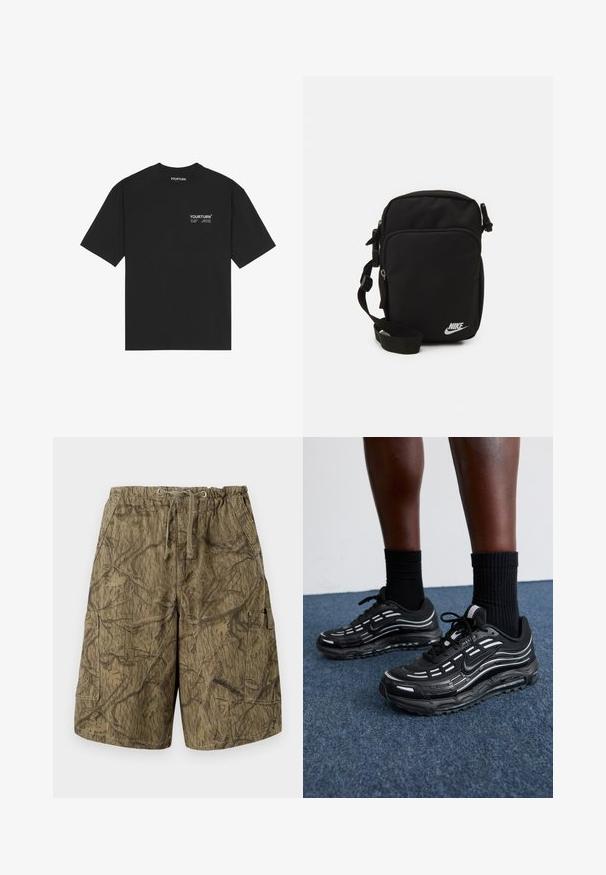 Melnas kokvilnas T-krekls ar apkakli, īsām piedurknēm un baltu izdrukātu logo uz krūtīm. Vienkāršs dizains ar brīvu piegriezumu.; Karma kravu šorti neuzkrāsotās zemes krāsās. Izgatavoti no izturīgas auduma, ar auklu jostu un sānu kabatām. Tekstūras printa dizains.; Melni Nike apavi ar sietveida augšdaļu, akcentējošām svītrām, teksturētām šņorēm un melnu gumijas zoli. Valkāti ar melniem ribota auduma zeķēm.; Melns neilona crossbody soma ar regulējamu siksnu, ar rāvējslēdzējiem nodalījumiem un baltu Nike logo priekšpusē. Gluda tekstūra, taisnstūra forma.