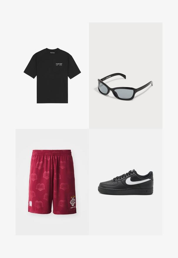 Melnas kokvilnas T-krekls ar apkakli, īsām piedurknēm un baltu izdrukātu logo uz krūtīm. Vienkāršs dizains ar brīvu piegriezumu.; Bordo sporta šorti ar elastīgu jostu, ar smalku sirds rakstu un baltu logotipu ar trim zvaigznēm uz vienas kājas.; Melni Nike Air Force 1 kedai ar gludu ādas virsu, balti logotipa akcenti, perforētu purngals un teksturēta gumijas zole.; Melni saules brilles ar izsmalcinātu, leņķainu dizainu. Iespējas pelēki stikli un mirdzoši plastmasas rāmi. Ietver nelielas metāla akcentus un zīmolu uz roka.; Melna kvadrāta plecu soma ar mīkstu faktūru, ko valkā persona baltā grafiskā T-kreklā ar uzsvērtu tekstu. Gadījuma apģērbs ar džinsiem.