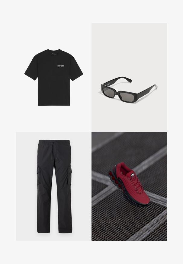 Black cotton t-shirt featuring a crew neck, short sleeves, and a white printed logo on the chest. Simple design with a relaxed fit.; Black cargo pants made of lightweight material, featuring an elastic waistband, drawstring, and multiple side pockets for storage.; Red sneaker with a textured upper, featuring black accents and a prominent air cushioning sole design. Laces and logo are visible on top.; Black rectangular sunglasses with gray-tinted lenses, made of smooth plastic. Features a minimalist design with straight arms and subtle branding.