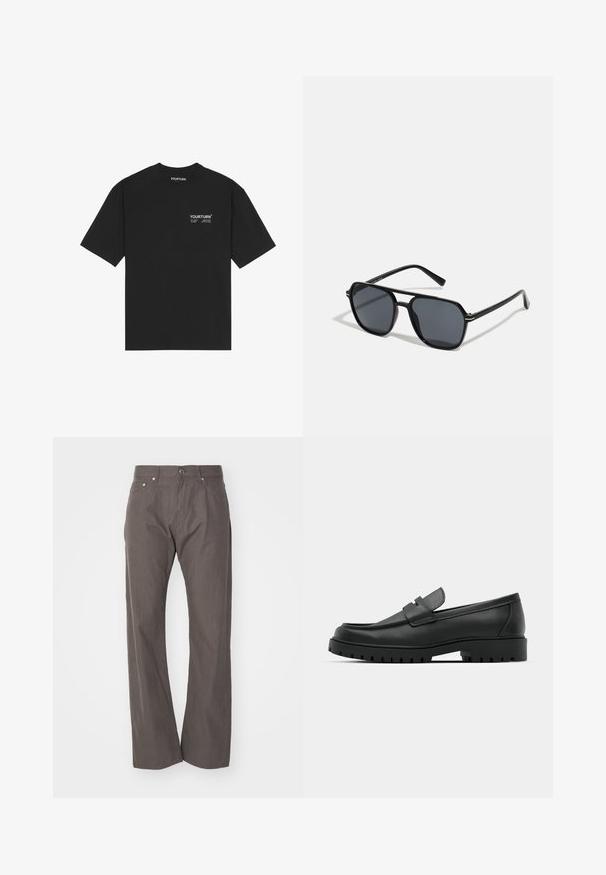 Μαύρο βαμβακερό t-shirt με στρογγυλή λαιμόκοψη, κοντά μανίκια και λευκό εκτυπωμένο λογότυπο στο στήθος. Απλός σχεδιασμός με χαλαρή εφαρμογή.; Weekday SPACE RELAXED STRAIGHT  - Παντελόνι - dark mole; Μαύρα δερμάτινα λουστρίνια με στρογγυλή μύτη, που διαθέτουν ραμμένο σχέδιο, χαμηλή πλατφόρμα και υφή με λαστιχένια σόλα με προεξοχές.; Μαύρα γυαλιά ηλίου με οκταγωνικό σκελετό, σκούρους φακούς, γυαλιστερή φινίρισμα, λεπτά άκρα και χρυσές λεπτομέρειες μπροστά.