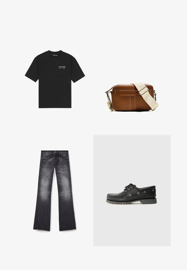 Čierne bavlnené tričko s okrúhlym výstrihom, krátkymi rukávmi a bielym potlačeným logom na hrudi. Jednoduchý dizajn s voľným strihom.; Čierne rozšírené džínsy s vyblednutým prácou, s piatimi vreckami a jemným poškodením na stehnách. Obsahujú zapínanie na gombík a šitie ako akcenty.; Čierne šnurovacie topánky s textúrovaným povrchom a okrúhlou špičkou, kovovými očkami a robustnou šedou gumovou podrážkou. Na vrchnej časti je tkaný vzor.; Hnedá kožená crossbody taška s bielym prešívaním, obdĺžnikový tvar, so zipsom a béžovým nastaviteľným popruhom. Obsahuje dve predné vrecká.