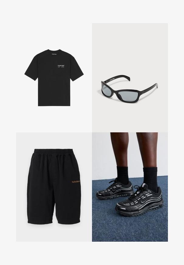 Mustikasest puuvillane T-särk, millel on ümmargune kaelus, lühikesed varrukad ja rindkerele trükitud valge logo. Lihtne disain ja mugav lõige.; Mustad musta puuvillased lühikesed püksid elastse vöökohtaga, sirge lõikega ja küljetaskutega. Ees on oranžilt brodeeritud "No Problemo".; Mustad mustad Nike'i jalanõud on varustatud võrkstruktuuriga pealispinna, aktsenttriipude, tekstuuritud paelte ja musta kummist tallaga. Kannan mustade ribakudumiste sokkidega.; Must have must gama must aastat vöötonk pruun, õhukene joond. Seda toe pruunit sõrm viidi nagunii liigub tahavad kaamerapild sõrm. Hõbedase aktsent ja signaali viskamise mini laudis on ka nuklik.