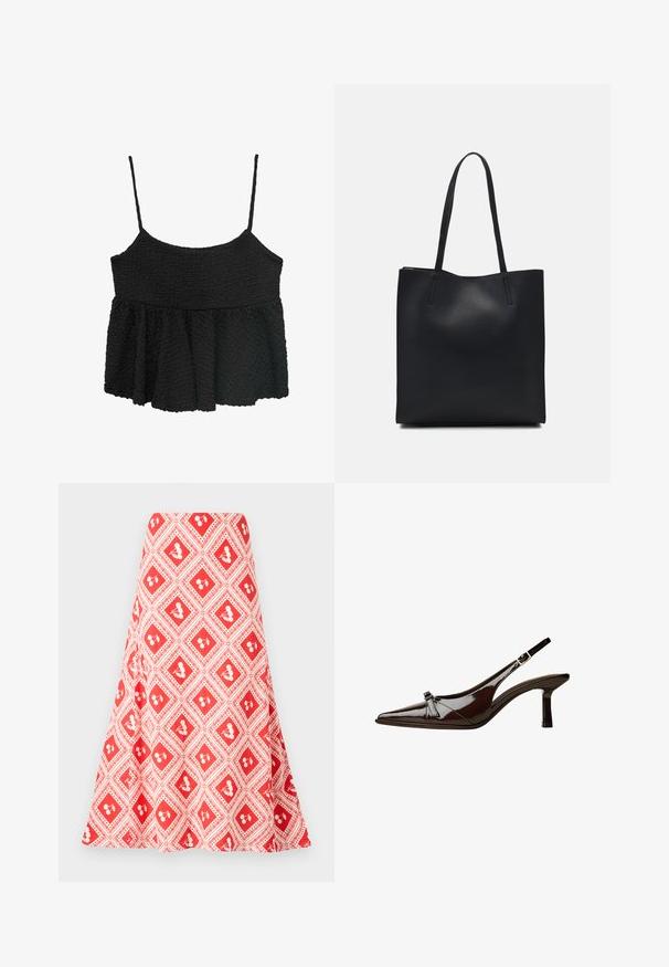 Crni peplum top s tankim podesivim trakama. Teksturovana, naborana tkanina, priljubljen bodice, lepršavi donji deo, bez vidljivih metalnih delova ili uzoraka.; Suknja crvene i bijele boje s uzorkom koja prikazuje dijamante s malim cvjetnim motivima i raširenim krojem, izrađena od glatkog materijala.; Smeđe lakirane slingback cipele s upPointom, niskom petom i dekorativnom mašnom sprijeda. Glatka, sjajna tekstura.; Crna kožna torba za nošenje s glatkom teksturom, pravokutnim oblikom i dvije duge ručke. Nema vidljivih metalnih dijelova ili ukrasa.