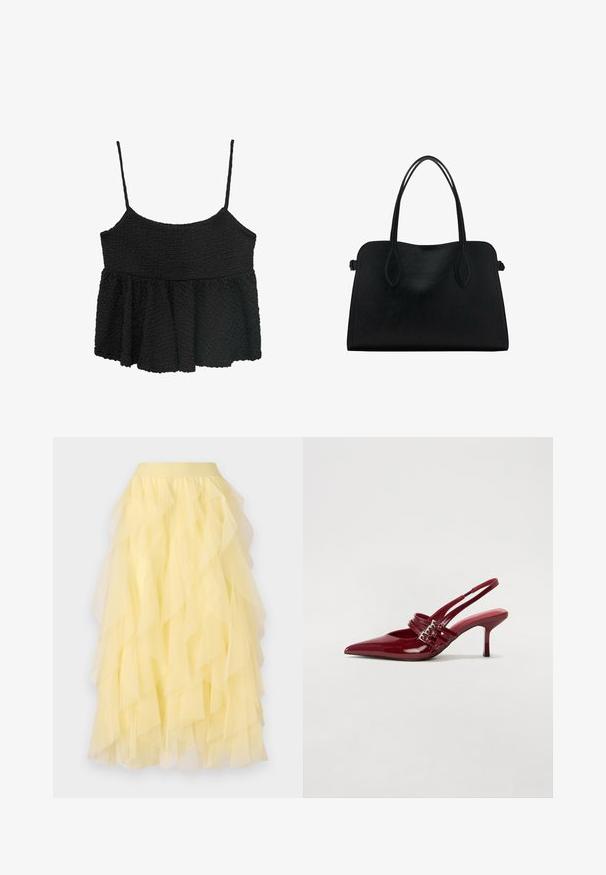Schwarzes Peplum-Oberteil mit dünnen verstellbaren Trägern. Texturierter, zerknitterter Stoff, enganliegender Oberkörper, ausgestellter unterer Teil, keine sichtbaren Beschläge oder Muster.; Gelber, schichtenförmiger Rock aus durchsichtiger Tüllware, der eine schwingende Silhouette mit überlappenden Rüschen und einem elastischen Bund aufweist.; Rote Lackleder Slingback-Absätze mit spitzem Zeh, zwei Schnallenriemen und einem schlanken, mittelhohen Stiletto-Absatz. Glatte Textur.; Schwarze Lederhandtasche mit zwei Schulterriemen, rechteckiger Form und minimalistischem Design auf weißem Hintergrund.