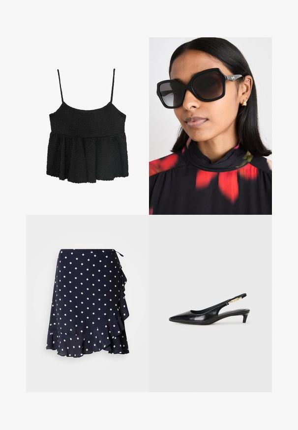 Top peplum nero con sottili spalline regolabili. Tessuto strutturato e arricciato, corpino aderente, sezione inferiore svasata, senza hardware o motivi visibili.; GANT DOT PRINT FRILL SKIRT - Gonna a portafoglio - evening blue; Tacchi slingback in pelle nera con punta affusolata, caratterizzati da un tacco alto e un accento dorato sulla cinghia regolabile. Texture liscia.; Occhiali da sole oversize neri con una montatura geometrica, lenti scure e dettagli in tonalità oro, indossati con una blusa a collo alto con motivo floreale.