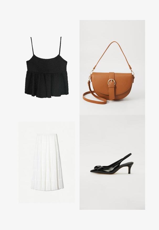 Černý peplum top s tenkými nastavitelnými ramínky. Texturovaná, zmačkaná látka, přiléhavý korzet, rozšířená spodní část, žádné viditelné kování nebo vzory.; Bílá maxi sukně vyrobená z lehkého materiálu s vrstveným designem a horizontálními švy. Elastický pás s volným siluetou.; Černé lakované kožené boty s otevřenou patou, špičatou špičkou, malým podpatkem a výrazným mašlovým akcentem na nártu. Hladká textura a elegantní design.; Hnědá kožená křížová taška s zakřiveným tvarem, zlatými detaily a akcentem s přezkou. Obsahuje odnímatelný popruh na rameno.