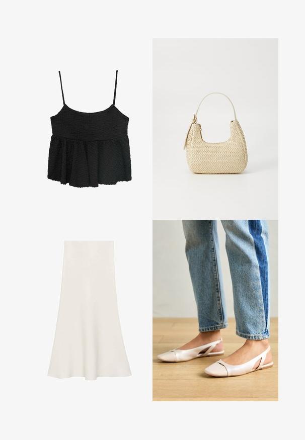 Čierny peplum top s tenkými nastaviteľnými ramienkami. Textúrovaná, zvrásnená tkanina, priliehavý korzet, rozšírená dolná časť, bez viditeľného hardvéru alebo vzorov.; Biely rozšírený sukňa vyrobená z hladkej tkaniny, s širokým pásom a siluetou do A, s dĺžkou po kolená.; Svetloružové slingback baleríny s jemne špicatou špičkou, vyrobené z hladkého materiálu pripomínajúceho kožu. Majú výrezové detaily na stranách a plochý opätok.; Tkaná slamenná kabelka v béžovej farbe s oblým tvarom, krátkym uškom a bočným zipsom. Má textúrovaný povrch a minimalistický dizajn.