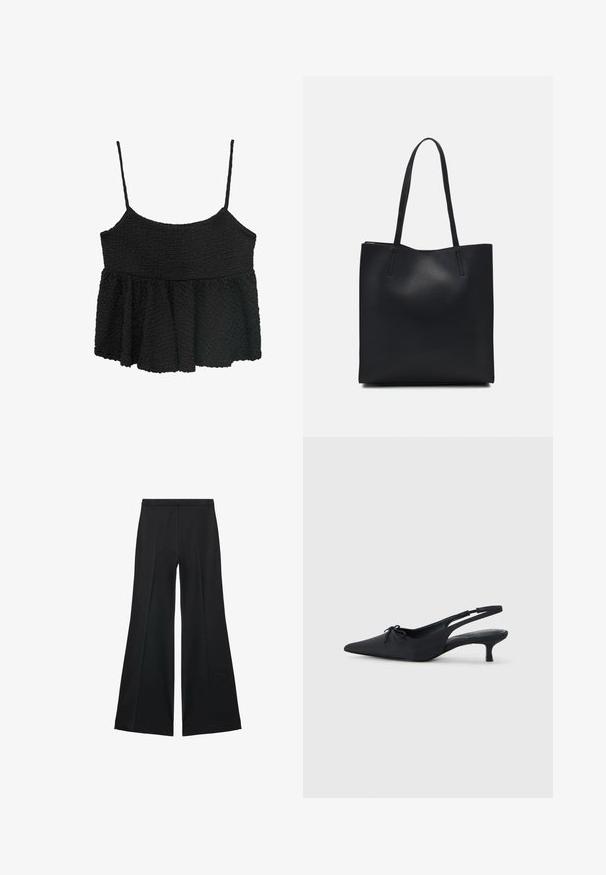 Black peplum top with thin adjustable straps. Textured, crinkled fabric, fitted bodice, flared lower section, no visible hardware or patterns.; Black wide-leg pants with a smooth texture, featuring front pleats and a tailored design. The fabric is lightweight and flowy.; Black slingback heels with a pointed toe, textured fabric, a small bow detail at the front, and a modest kitten heel.; Black leather tote bag with smooth texture, rectangular shape, and two long handles. No visible hardware or embellishments.