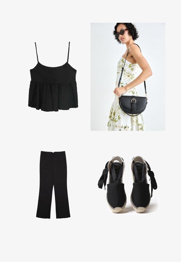 Črn peplum top z tankimi nastavljivimi naramnicami. Teksturni, zguban material, oprijet pas, razširjena spodnja sekcija, brez vidne strojne opreme ali vzorcev.; Črne hlače ravnega kroja z naglavnimi žepi in stranskimi razporki na robu. Narejene iz mehke, gladke tkanine. Primerne za različne priložnosti.; Črne kanvas espadrile s juto podplatom in tkani obrobi. Zaveze iz iste črne tkanine za prilagodljivo prileganje. Oblika z zaprtimi prsti.; Črna usnjena torbica s ukrivljeno obliko, z odstranljivo naramnico in zlatimi dodatki. Torbica ima pokrov s podrobnostmi v obliki zaponke.