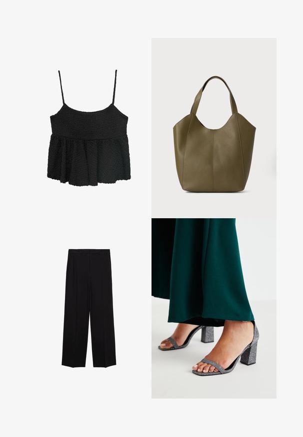 Černý peplum top s tenkými nastavitelnými ramínky. Texturovaná, zmačkaná látka, přiléhavý korzet, rozšířená spodní část, žádné viditelné kování nebo vzory.; Černé široké kalhoty s hladkým materiálem, s plisováním v přední části a bočními kapsami, navržené s rovný, uvolněný střih.; Stříbrné glitrové sandály na blokovém podpatku se dvěma tenkými pásky a čtveratou špičkou. Doplněné tmavě zeleným dlouhým oděvem.; Olivově zelená kožená taška s dvojitými popruhy, hladký povrch a design se čtyřmi panely. Zpevněné švy podél spojů pro větší odolnost.