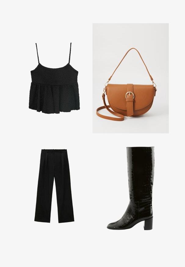 Black peplum top with thin adjustable straps. Textured, crinkled fabric, fitted bodice, flared lower section, no visible hardware or patterns.; Black wide-leg trousers with pleats, featuring a smooth texture and a high waist design. Minimalist style, no visible hardware or embellishments.; Black knee-high boots with a glossy, crocodile texture and square heel. Sleek design with rounded toe and smooth finish.; Brown leather crossbody bag with a curved shape, gold hardware, and a buckle accent. Features a detachable shoulder strap.
