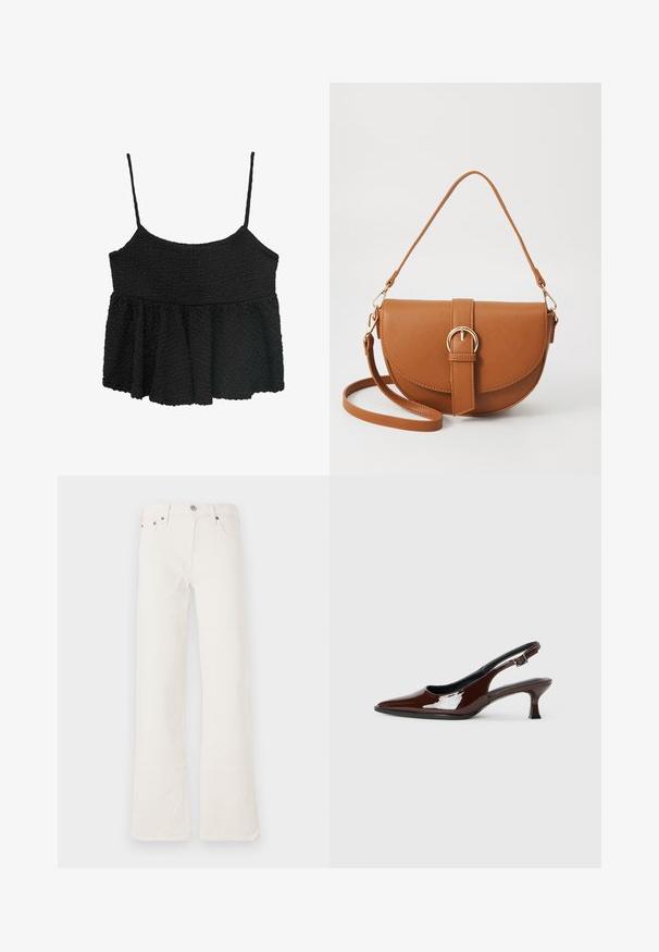 Top peplum nero con sottili spalline regolabili. Tessuto strutturato e arricciato, corpino aderente, sezione inferiore svasata, senza hardware o motivi visibili.; Jeans svasati bianchi realizzati in denim, con vita alta, cinque tasche e cuciture doppie, arricchiti da dettagli hardware in tonalità rame.; Scarpa slingback in pelle verniciata marrone con punta affusolata e tacco moderato. Presenta una fascia con fibbia per una calzata sicura. Tessuto liscio.; Borsa a tracolla in pelle marrone con forma curvata, hardware dorato e un dettaglio con fibbia. Presenta una tracolla rimovibile.