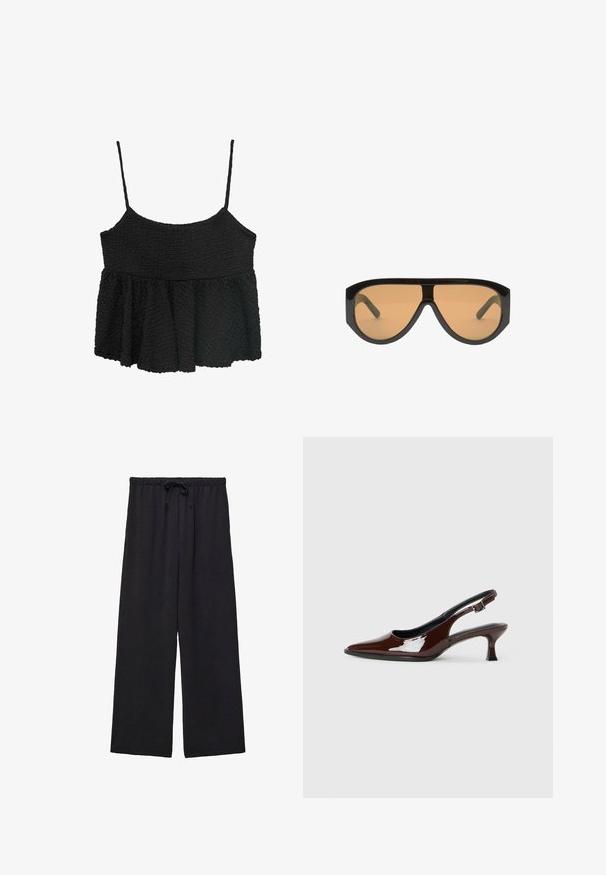 Črn peplum top z tankimi nastavljivimi naramnicami. Teksturni, zguban material, oprijet pas, razširjena spodnja sekcija, brez vidne strojne opreme ali vzorcev.; Mango TILL-A - Hlače - black; Rjavi lakirani slingback čevelj z ostro konico in zmerno peto. Ima zaponko za varno prileganje. Gladka tekstura.; Črne oversize sončna očala s svetlobno rjavo lečo, ki imajo široke, angularne okvirje in ravne ročke. Gladka, sijajna površina, minimalno stikalo.