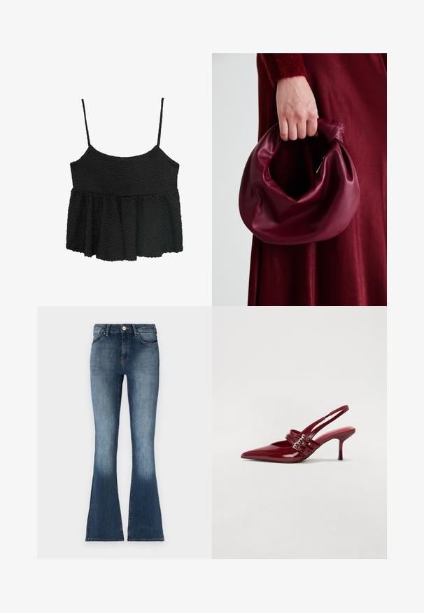 Črn peplum top z tankimi nastavljivimi naramnicami. Teksturni, zguban material, oprijet pas, razširjena spodnja sekcija, brez vidne strojne opreme ali vzorcev.; Modre denim flare jeans z zmerno višanjem pasu, bledega videza in tradicionalnim petim žepom. Mehka tekstura in subtilne šivane podrobnosti.; Rde lakirane sandalete na peto s ostrim nosom, dvema sponkami in tanko, srednje visokim peto središče. Gladka tekstura.; Bordo usnjeni ročni torbici s mehak, nabrana zasnova in okrogla oblika. Ročaj je varen in prikazuje gladko teksturo.