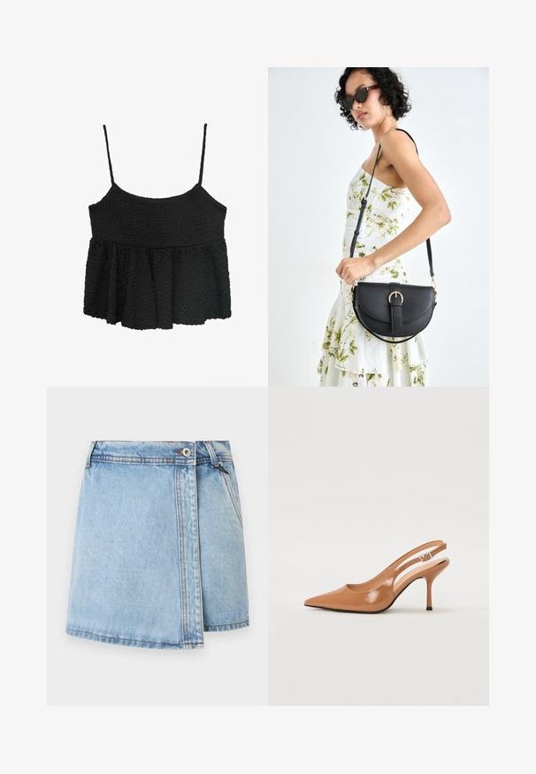 Top peplum negru cu bretele subțiri ajustabile. Țesătură texturată, creponată, cu un corset ajustat și o secțiune inferioară evazată, fără elemente metalice sau modele vizibile.; Fustă din denim de un albastru deschis, cu o croială dreaptă, închidere frontală cu nasturi și cusături contrasting pe margini. Nu sunt vizibile buzunare.; Pantofii cu toc slingback, cu vârful ascuțit, dintr-un material tan neted și strălucitor. Prezintă un design cu decupaj curbat și un toc subțire stil stiletto. Detaliu cu cataramă argintie.; Geantă din piele neagră, cu o formă curbată, curea detașabilă și accesorii aurii. Geanta are un capac cu un detaliu tip cataramă.